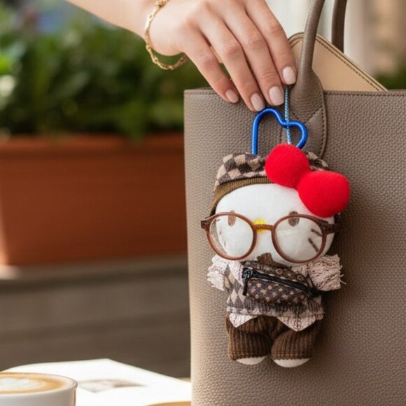Other - Hello Kitty Bag Charm – Brown Plaid Outfit, Glasses – 5"